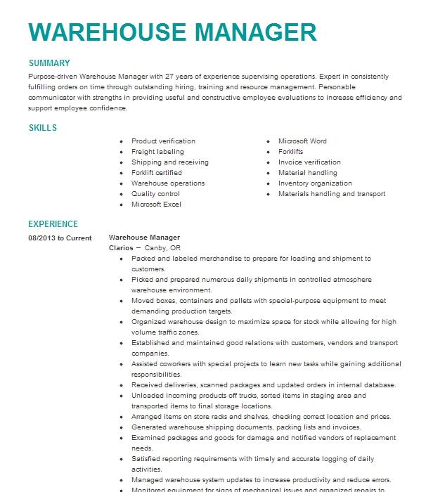 Warehouse Lead Resume Example