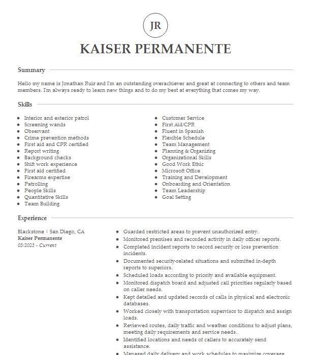 Kaiser Permanente Resume Example