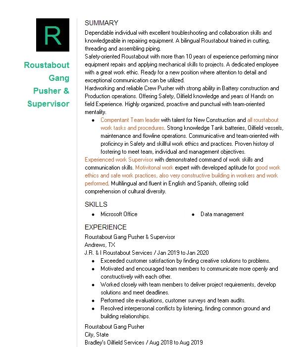 Roustabout Gang Pusher Resume Example