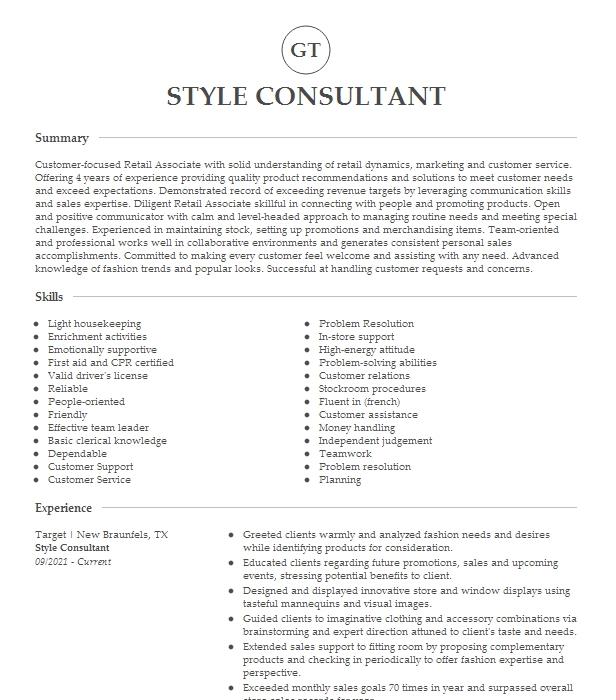 Style Consultant Resume Example