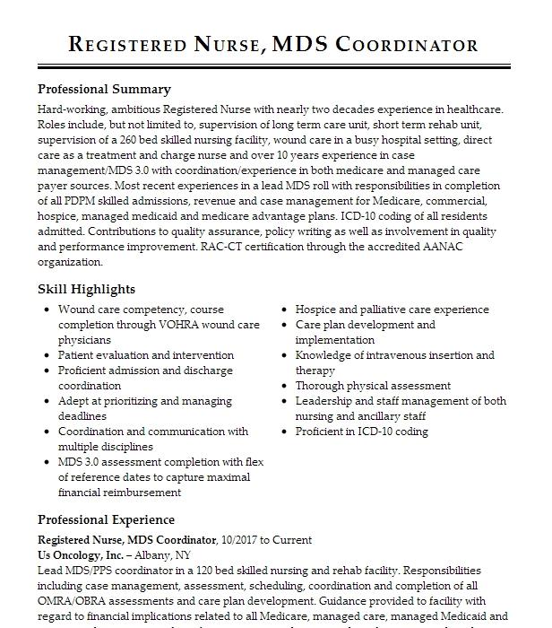 Mds Coordinator Registered Nurse Resume Example 3406