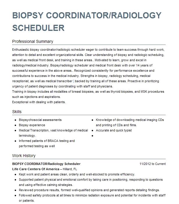 Interventional Radiology Scheduler Coordinator Resume Example