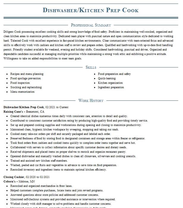 Dishwasher Prep Resume Example