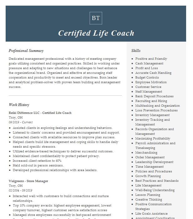 Certified Life Coach Resume Example