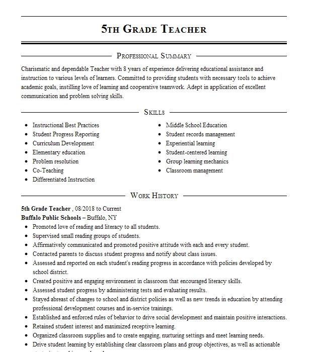 5th Grade Teacher Resume Example