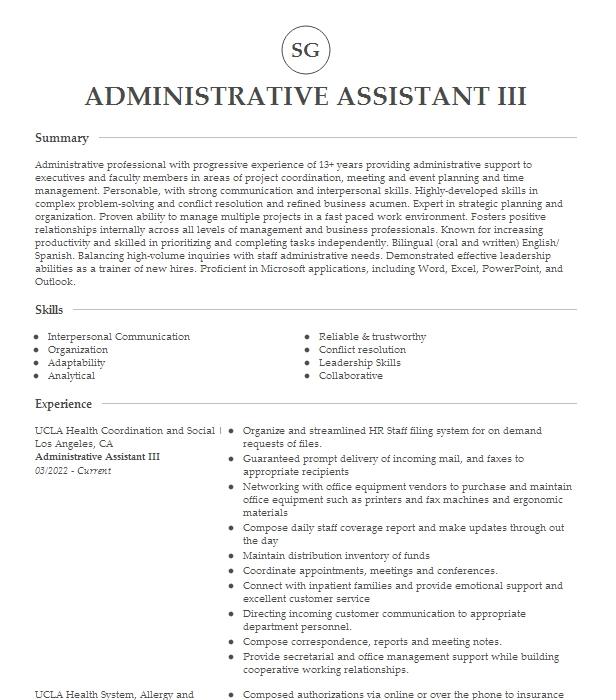 Administrative Assistant Iii Resume Example