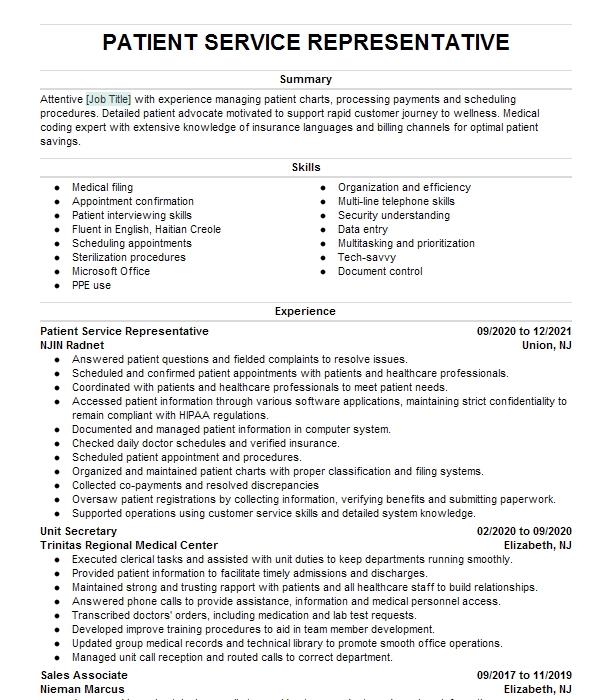 Patient Service Representative Resume Example