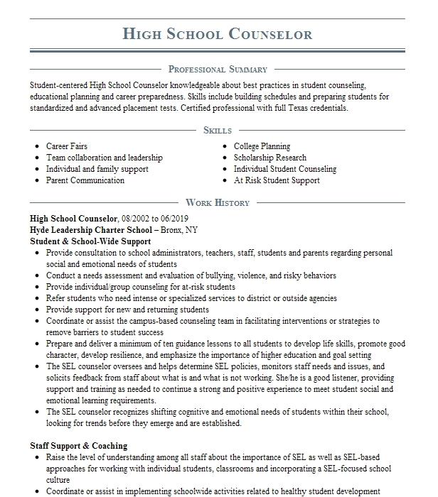 High School Counselor Resume Example