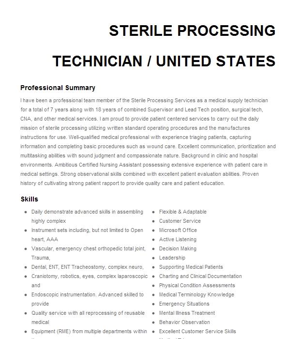 Sterile Processing Technician Resume Example 4799