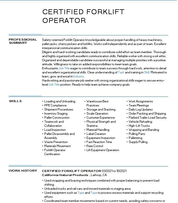 Certified Forklift Operator Resume Example