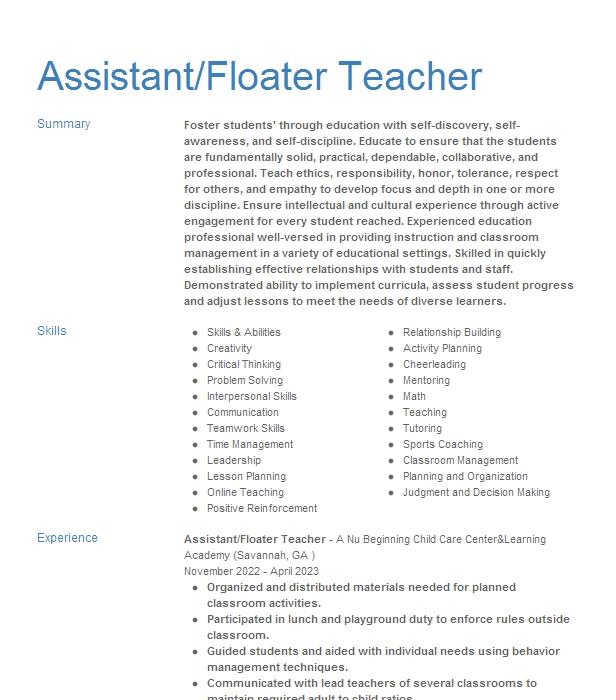 Floater Teacher Assistant Teacher Resume Example 4753