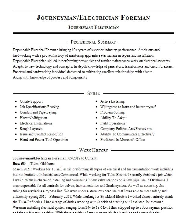 Foreman Journeyman Electrician Resume Example