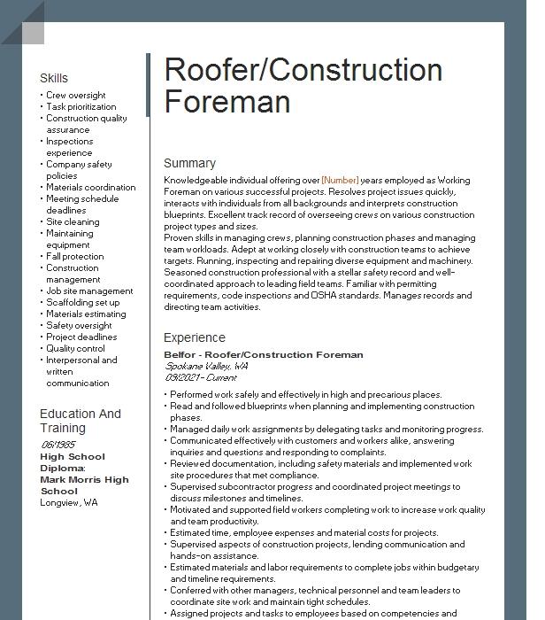 Roofer Foreman Resume Example