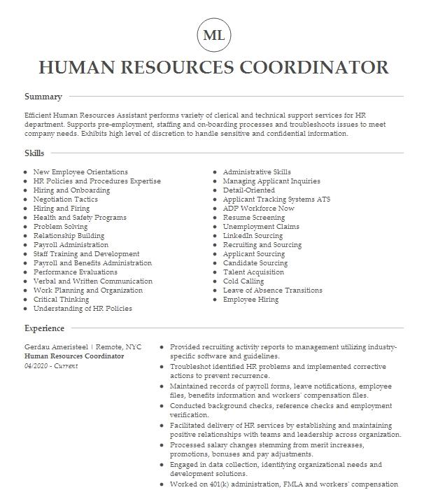 Human Resources Coordinator Resume Example