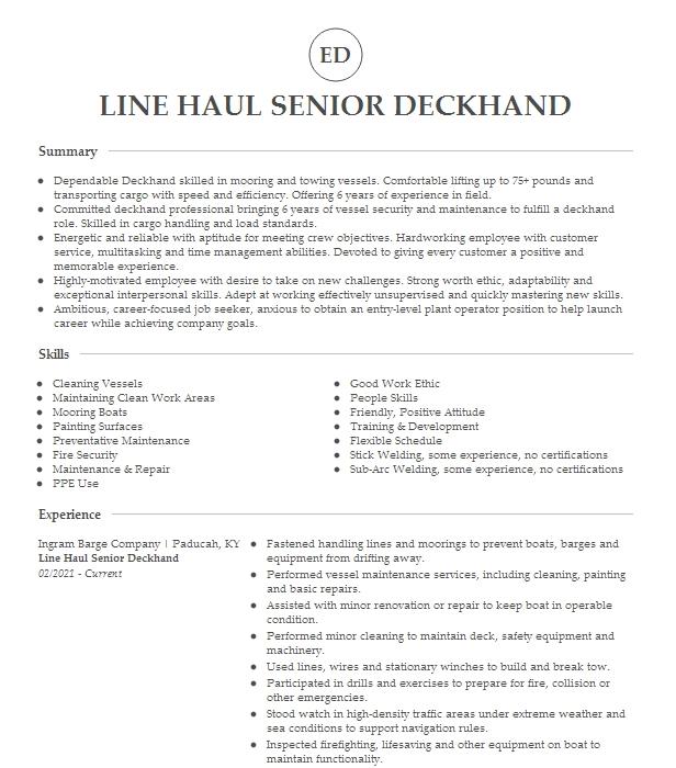 Senior Deckhand Resume Example