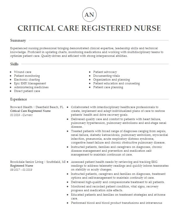 Critical Care Registered Nurse Resume Example