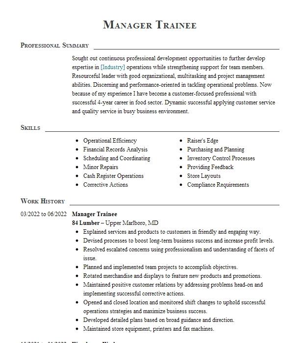 Project Manager Trainee Resume Example