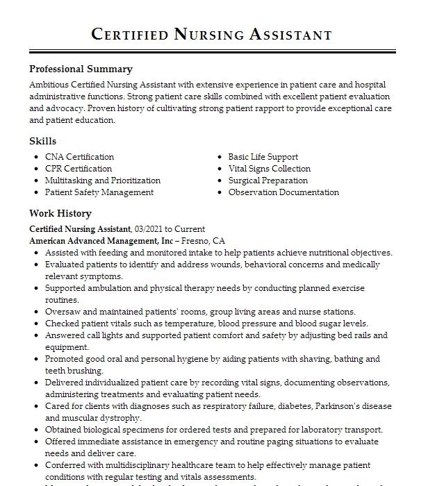 Certified Nursing Assistant Resume Example