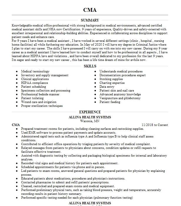 Cma ( Certified Medical Assistant ) Resume Example