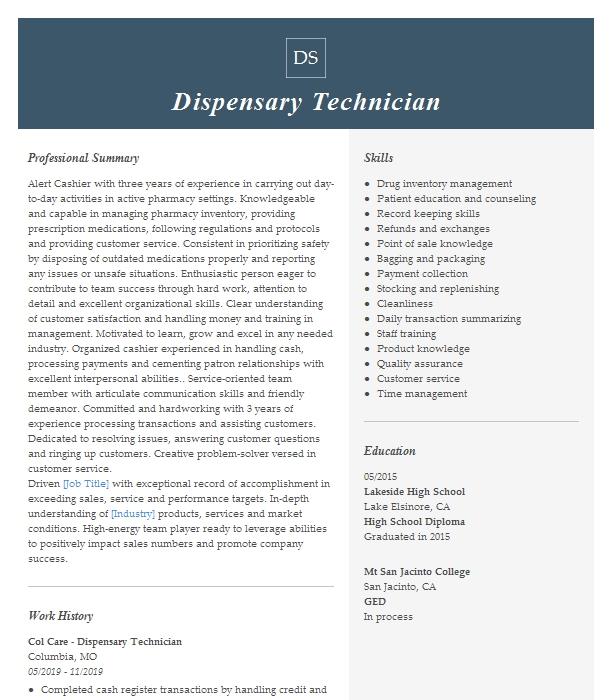 Dispensary Technician Resume Example