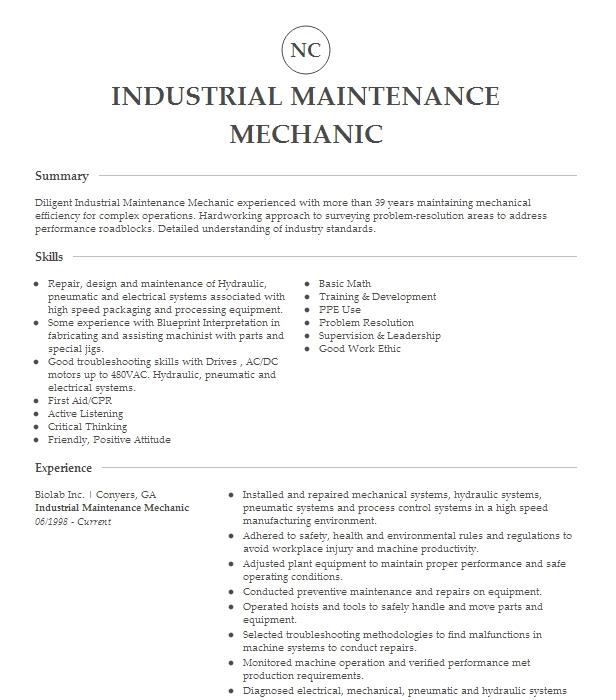 Industrial Maintenance Mechanic Resume Example