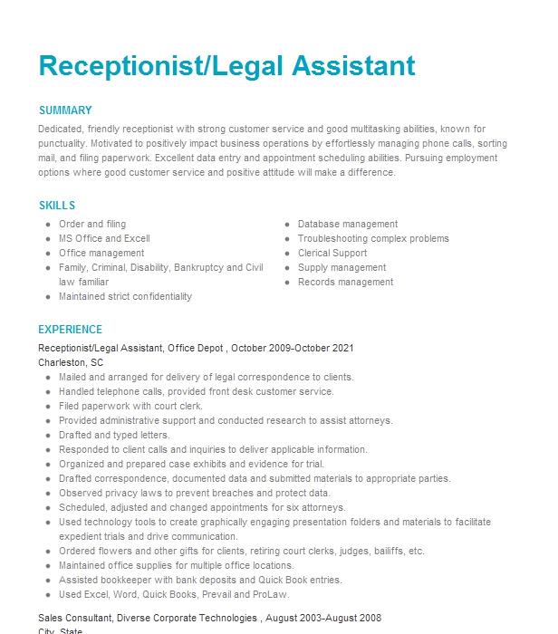 legal receptionist resume examples