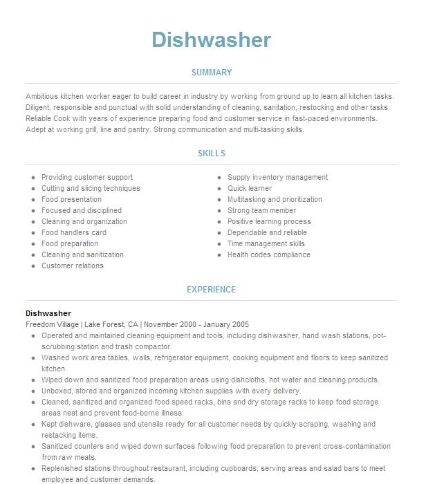 sample resume for restaurant dishwasher