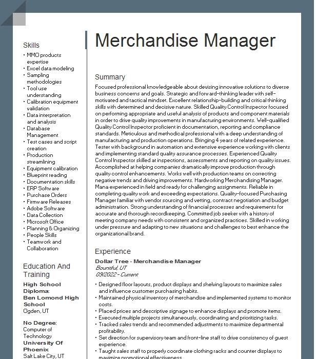 Merchandise Manager Resume Example