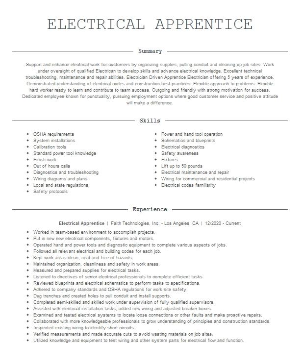 Electrical Apprentice Resume Example