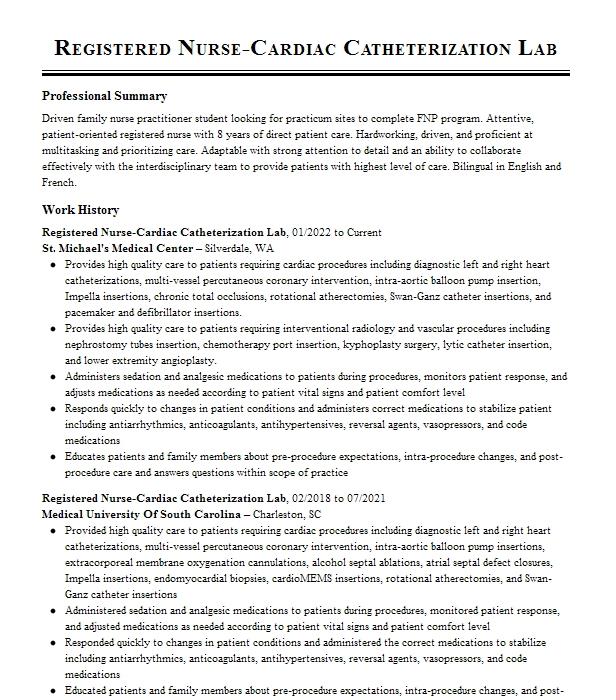 Registered Nurse Cardiac Catheterization Nurse Resume Example 1558