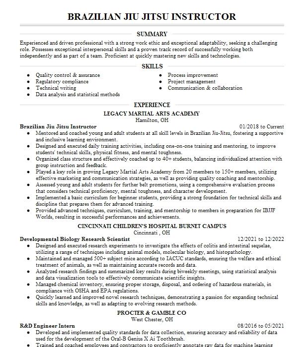 Brazilian Jiu Jitsu Academy Owner | Instructor Resume Example