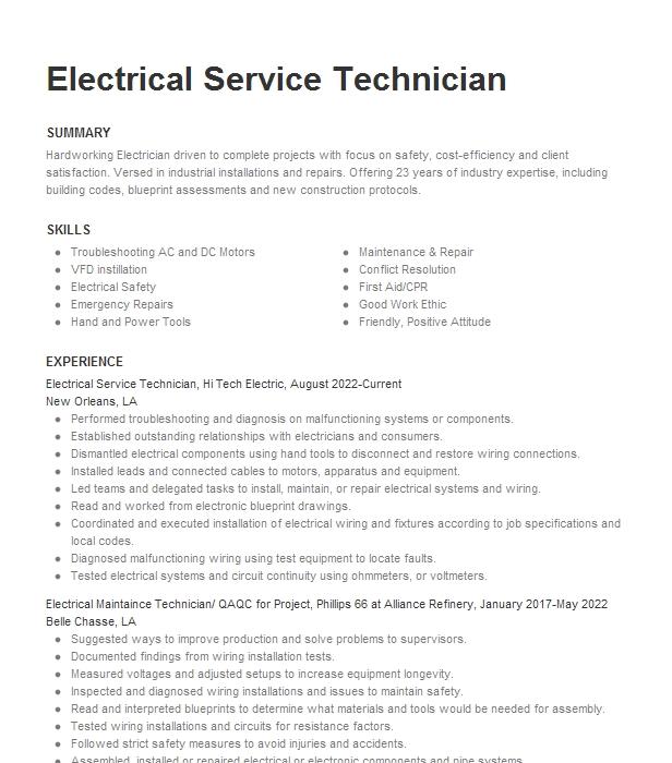 Electrical Service Manager Resume Example