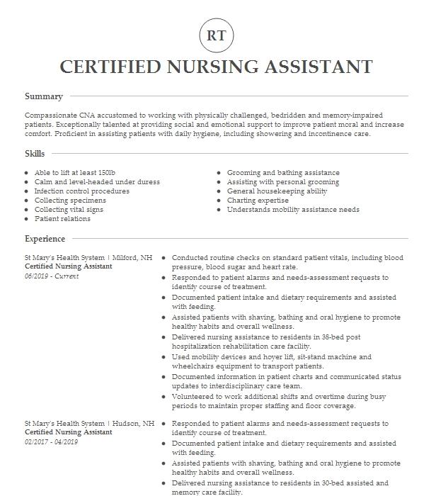 Certified Nursing Assistant Resume Example