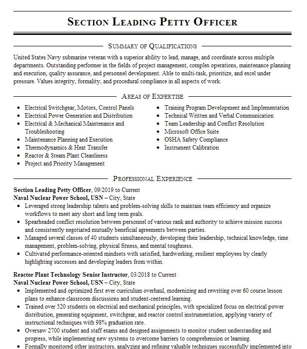 Section Leading Petty Officer Resume Example