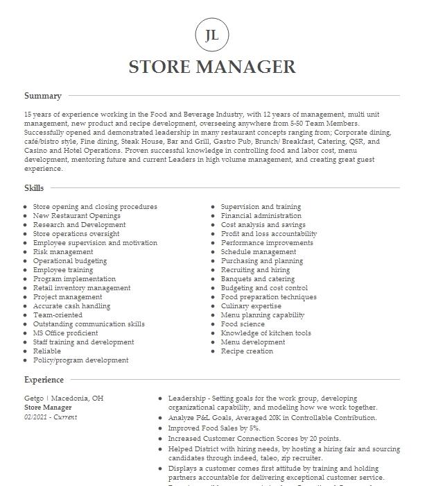 Store Manager Resume Example