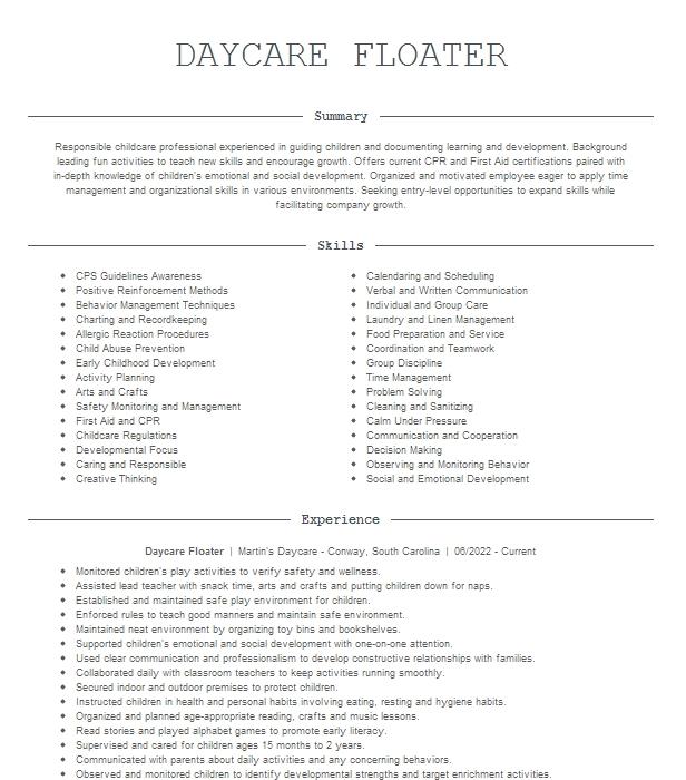 Floater Teacher Daycare Resume Example 5419