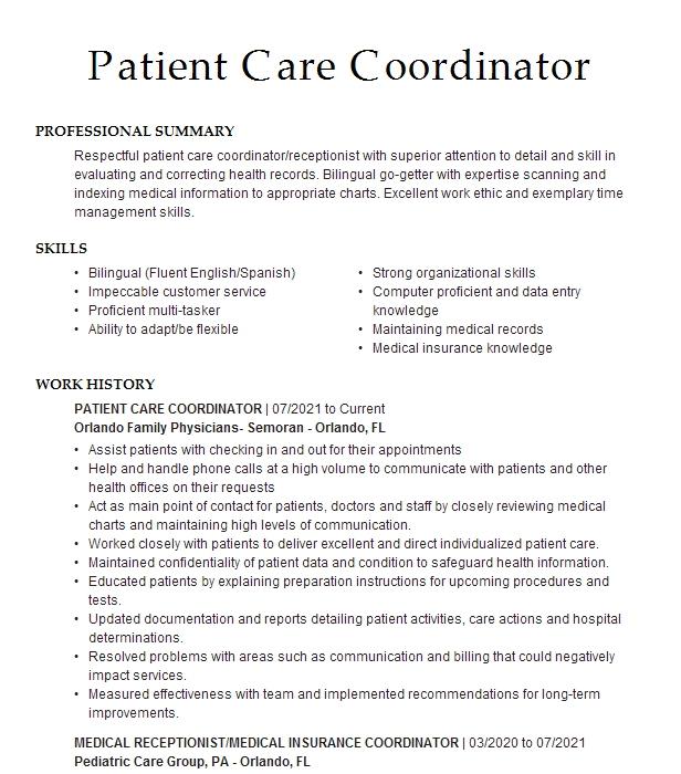 Patient Care Coordinator Resume Example