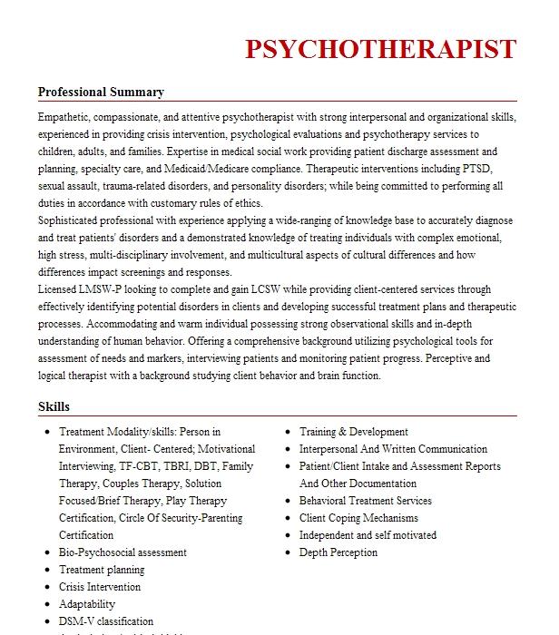 Psychotherapist Resume Example