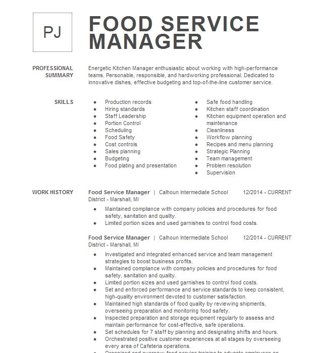 Food Service Manager Resume Example