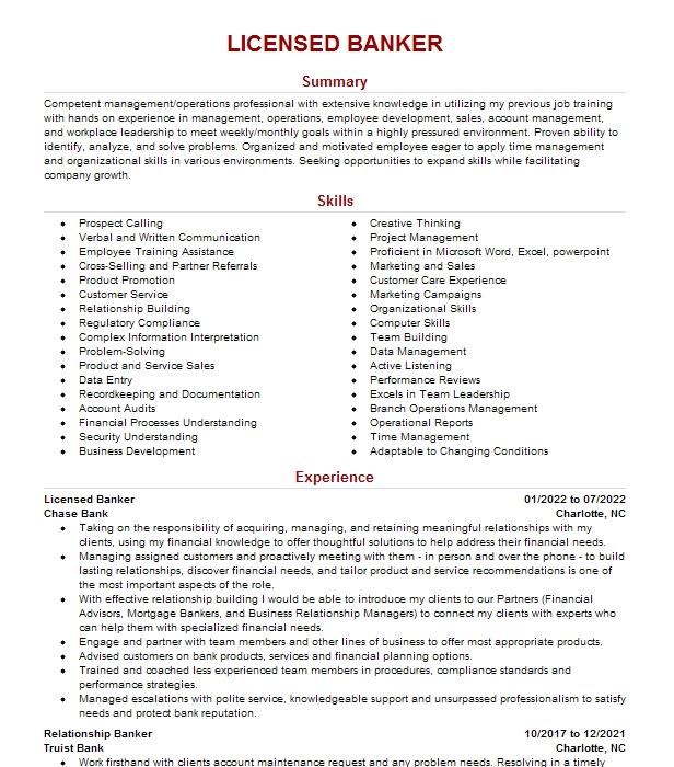 Licensed Banker Resume Example