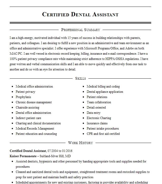 Certified Dental Assistant Resume Example