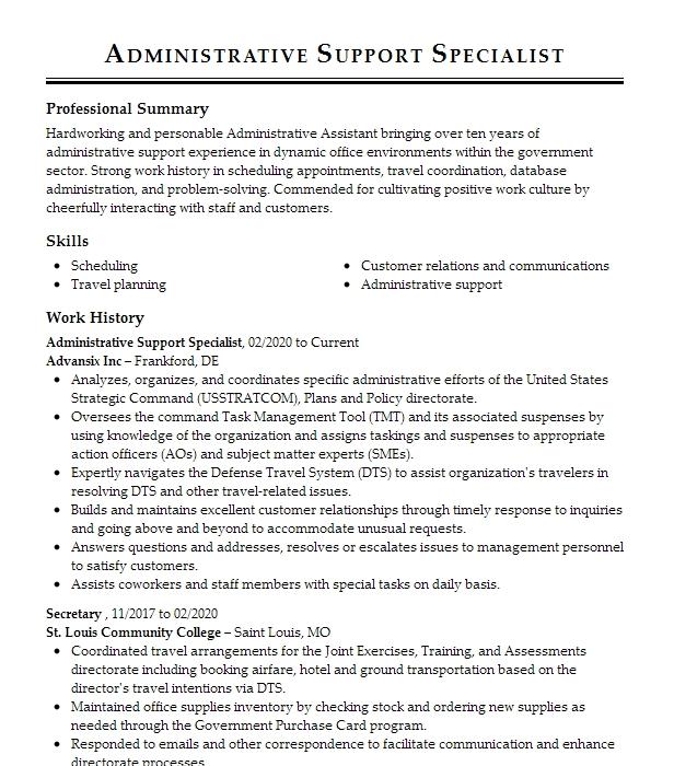 Administrative Support Specialist Resume Example