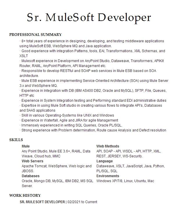 Sr. Mulesoft Developer Resume Example