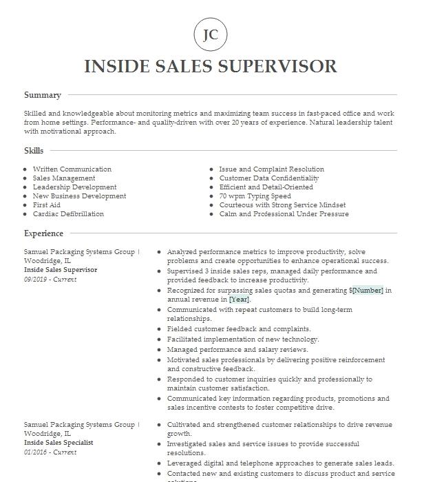 Inside Sales Supervisor Resume Example