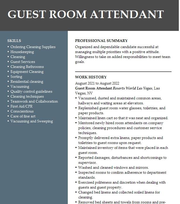 Housekeeping Room Attendant Resume Example