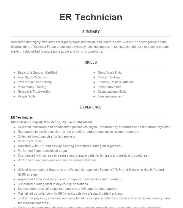 Er Technician Resume Example