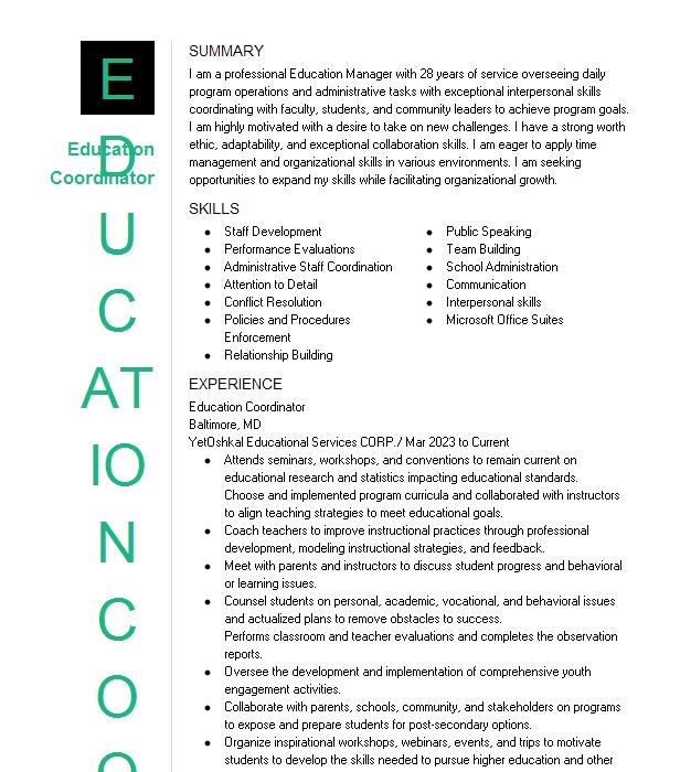 Education Coordinator Resume Example