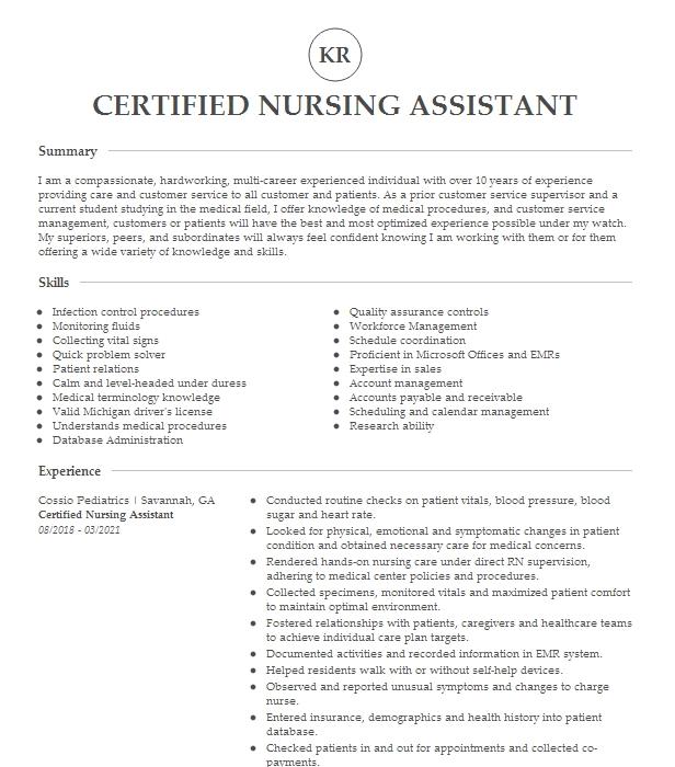 Certified Nursing Assistant Resume Example