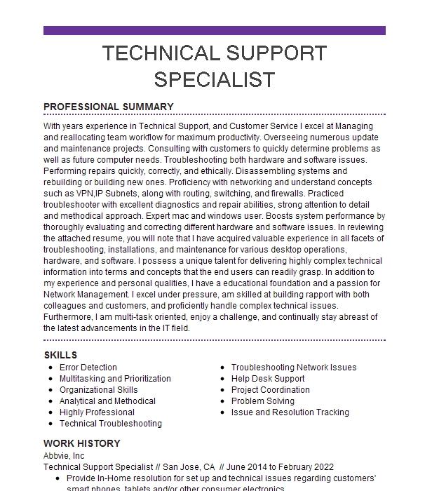 technical support specialist job description resume