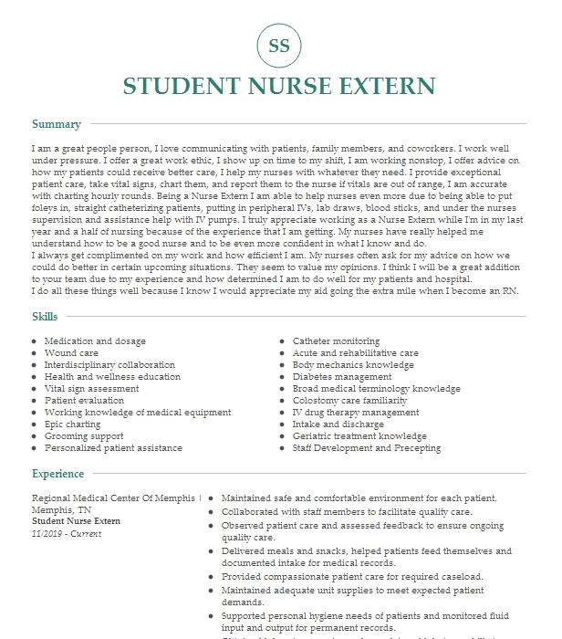 Student Nurse Extern Resume Example